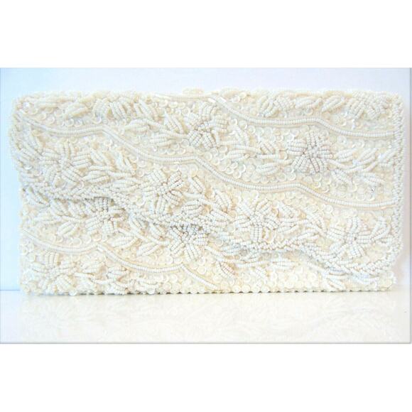 Beaded Evening Bag Clutch Purse White Cream Sequin Floral Microbeads Hong Kong V - Picture 6 of 8